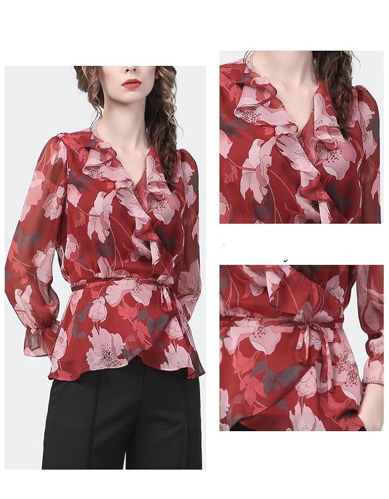 Ruffle Red Floral Chiffon Blouse Women Long Sleeve V-Neck